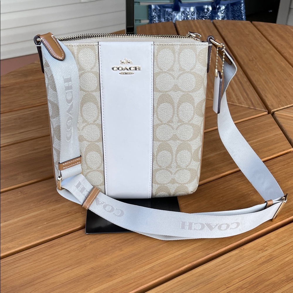 Coach Beige Signature Canvas Crossbody with White Stripe and Gold Hardware - Picture 4 of 8